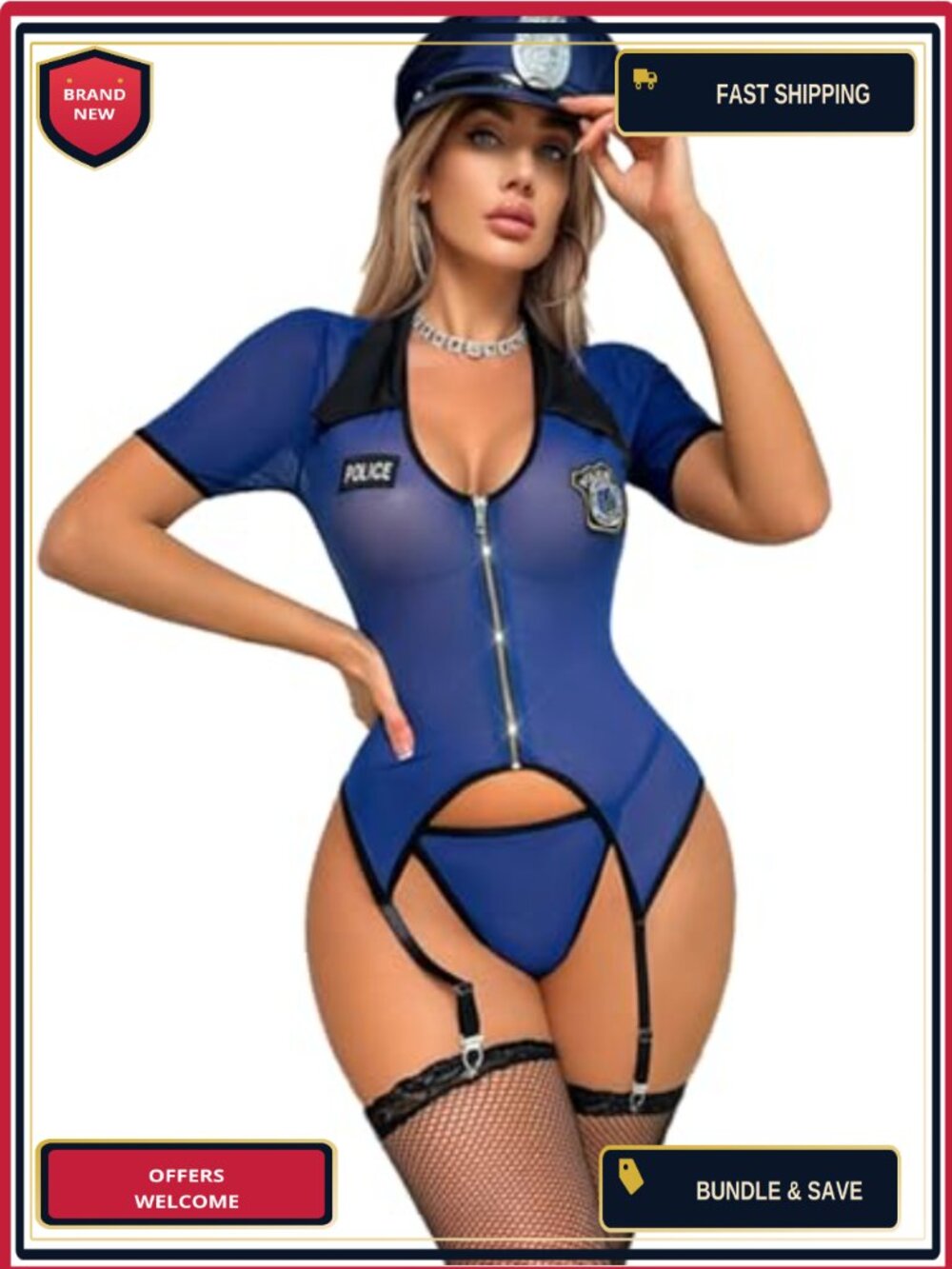 Sexy Police Cop Costume 3-Piece Bodysuit G-String Stockings Roleplay Lingerie